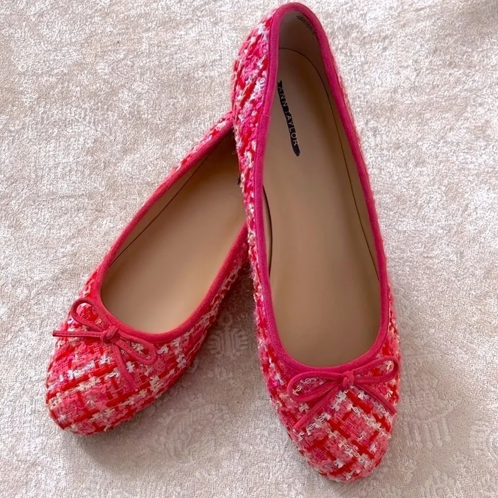Brand New Ann Taylor Pink Tweed Ballet Flats Bow 1/2